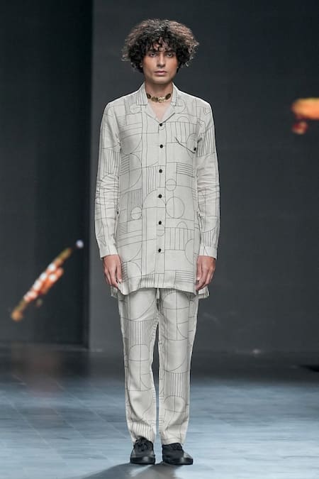 Buy_Son Of A Noble Snob_Ivory Linen Avay Gatsby Cuban Collar Printed Shirt And Trouser Set _Online_at_Aza_Fashions