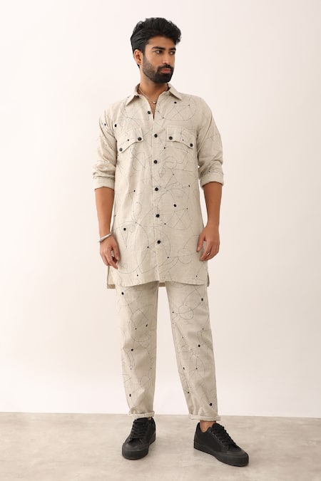Son of A Noble Snob Ivory 100% Linen Printed Geometric Kabir Cosmos Shirt And Pant Set 