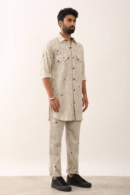 Son Of A Noble Snob Ivory Linen Embroidery Kabir Cosmos Printed Shirt And Pant Set Online at Aza Fashions Son Of A Noble Snob_Ivory Linen Embroidery Kabir Cosmos Printed Shirt And Pant Set _Online_at_Aza_Fashions