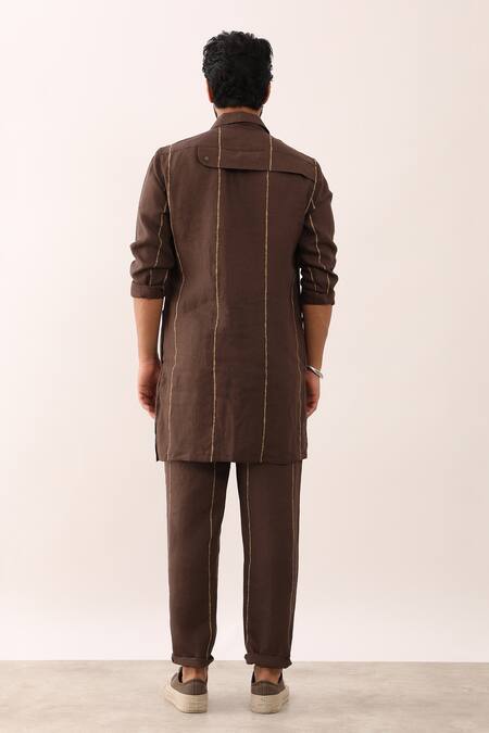 Shop_Son Of A Noble Snob_Brown Linen Avay Flow Striped Long Shirt And Trouser Set _at_Aza_Fashions