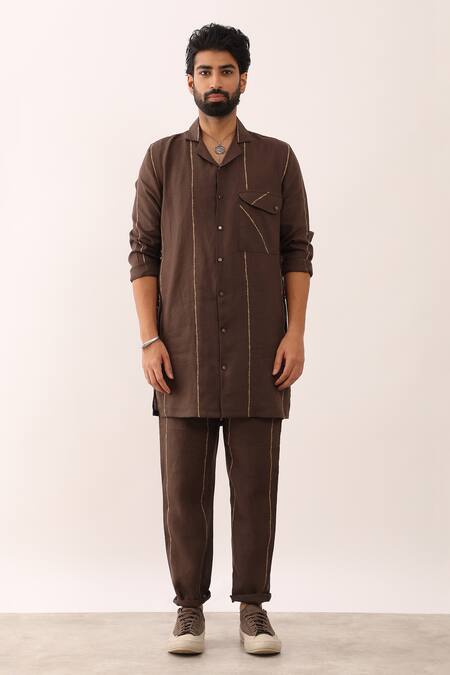 Buy_Son Of A Noble Snob_Brown Linen Avay Flow Striped Long Shirt And Trouser Set _Online_at_Aza_Fashions