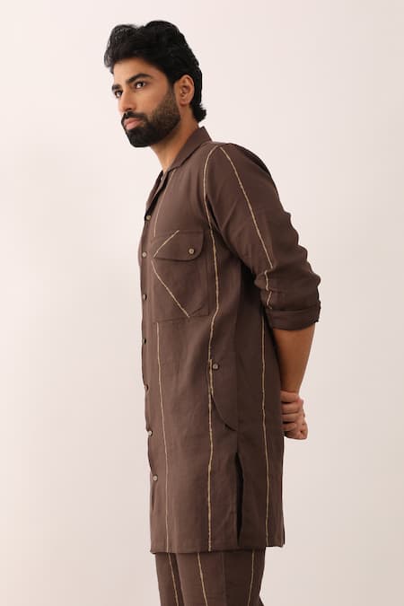 Shop_Son Of A Noble Snob_Brown Linen Avay Flow Striped Long Shirt And Trouser Set _Online_at_Aza_Fashions