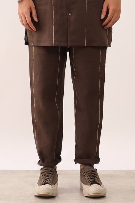 Son Of A Noble Snob_Brown Linen Avay Flow Striped Long Shirt And Trouser Set _at_Aza_Fashions