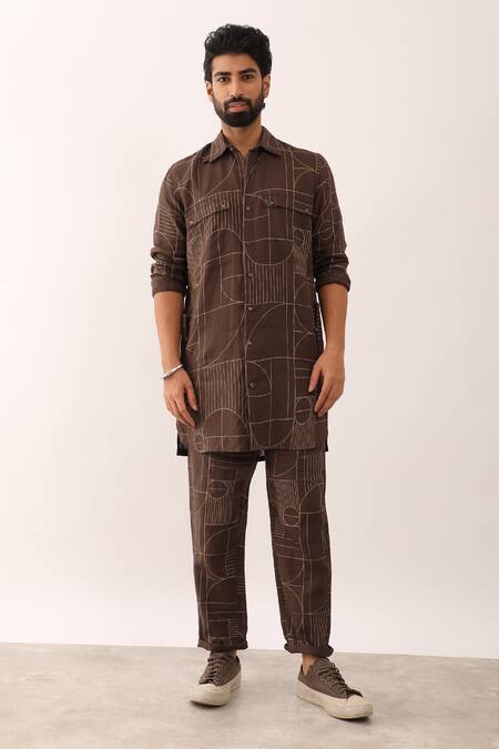 Son of A Noble Snob Brown 100% Linen Printed Geometric Karan Gatsby Shirt And Trouser Set 
