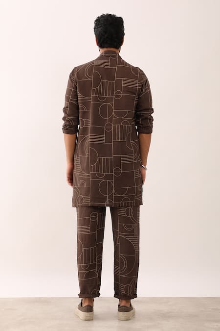 Shop_Son Of A Noble Snob_Brown Linen Karan Gatsby Geometric Print Shirt And Trouser Set _at_Aza_Fashions