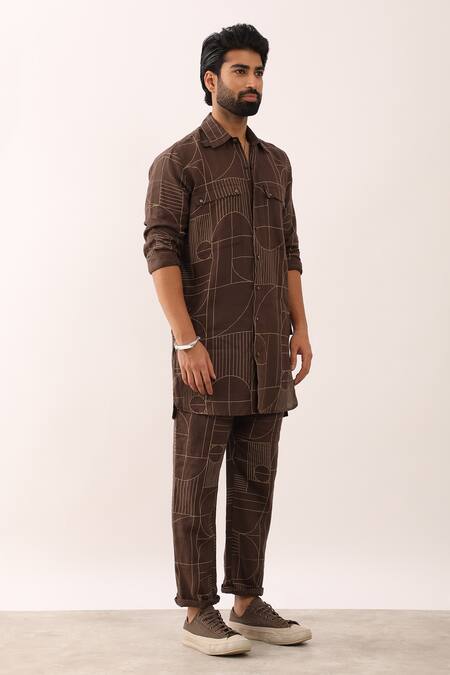 Son Of A Noble Snob_Brown Linen Karan Gatsby Geometric Print Shirt And Trouser Set _Online_at_Aza_Fashions