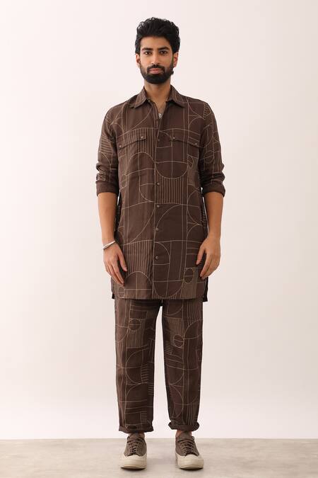 Buy_Son Of A Noble Snob_Brown Linen Karan Gatsby Geometric Print Shirt And Trouser Set _Online_at_Aza_Fashions