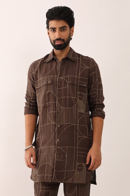 Shop_Son Of A Noble Snob_Brown Linen Karan Gatsby Geometric Print Shirt And Trouser Set _Online_at_Aza_Fashions