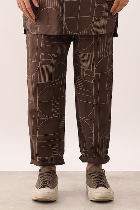Son Of A Noble Snob_Brown Linen Karan Gatsby Geometric Print Shirt And Trouser Set _at_Aza_Fashions