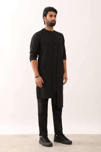 Buy_Son Of A Noble Snob_Black 100% Linen Plain Ayush Asymmetric Kurta_Online_at_Aza_Fashions