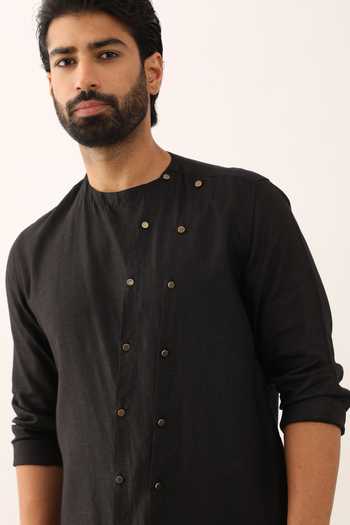 Shop_Son Of A Noble Snob_Black 100% Linen Plain Ayush Asymmetric Kurta_Online_at_Aza_Fashions