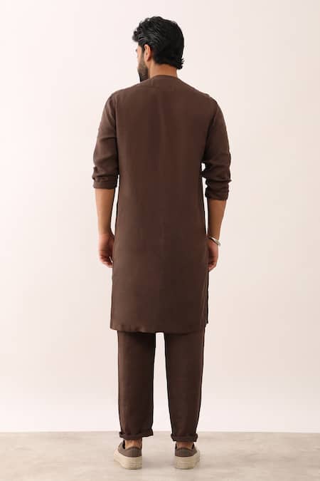Shop_Son Of A Noble Snob_Brown 100% Linen Plain Ayush Asymmetric Panelled Kurta And Trouser Set _at_Aza_Fashions