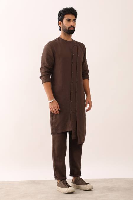 Son Of A Noble Snob_Brown 100% Linen Plain Ayush Asymmetric Panelled Kurta And Trouser Set _Online_at_Aza_Fashions