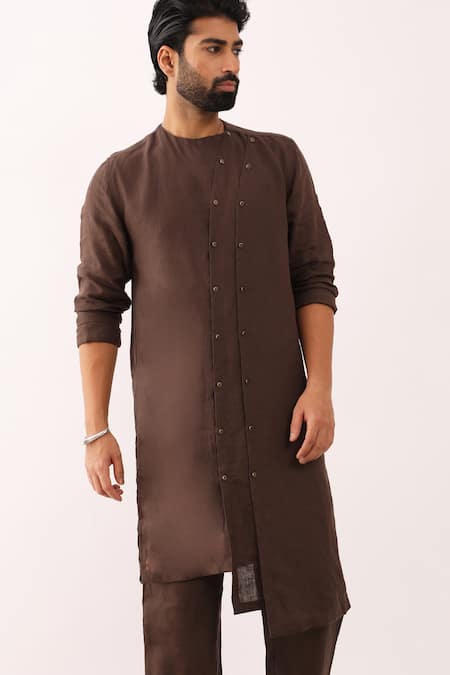 Buy Son Of A Noble Snob Brown 100% Linen Plain Ayush Asymmetric Panelled Kurta And Trouser Set Online at Aza Fashions Buy_Son Of A Noble Snob_Brown 100% Linen Plain Ayush Asymmetric Panelled Kurta And Trouser Set _Online_at_Aza_Fashions