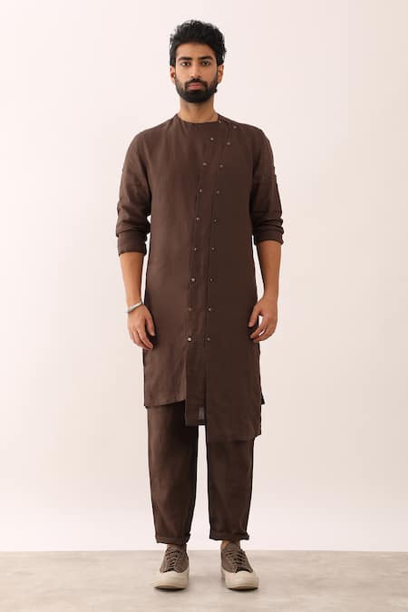 Shop_Son Of A Noble Snob_Brown 100% Linen Plain Ayush Asymmetric Panelled Kurta And Trouser Set _Online_at_Aza_Fashions
