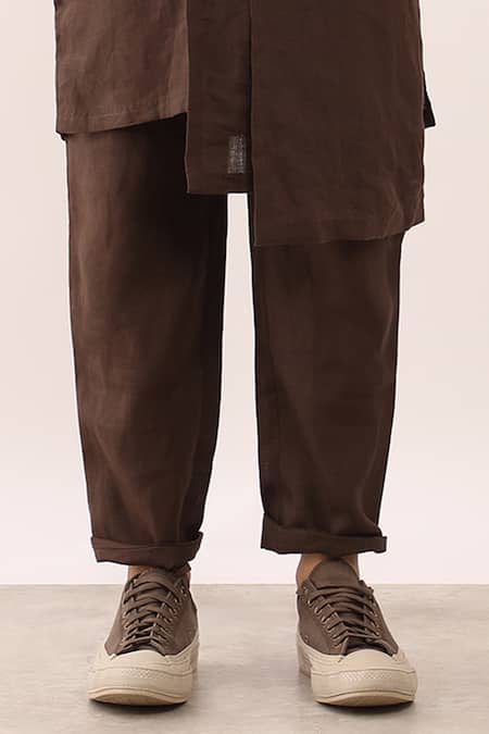 Son Of A Noble Snob Brown 100% Linen Plain Ayush Asymmetric Panelled Kurta And Trouser Set at Aza Fashions Son Of A Noble Snob_Brown 100% Linen Plain Ayush Asymmetric Panelled Kurta And Trouser Set _at_Aza_Fashions