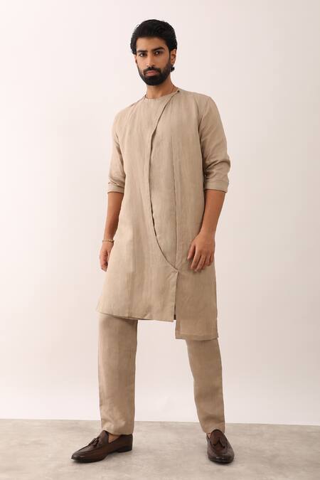 Shop_Son Of A Noble Snob_Beige 100% Linen Solid Rohan Overlap Panel Kurta_Online_at_Aza_Fashions
