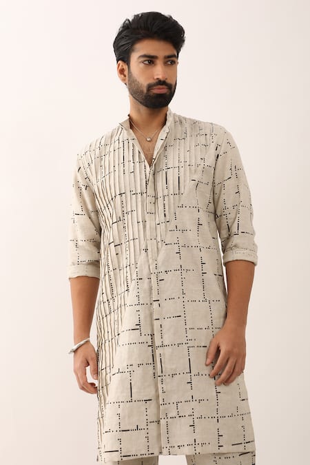 Shop_Son Of A Noble Snob_Ivory 100% Linen Print Digital Maze Aadi Tetris Kurta Set _Online_at_Aza_Fashions