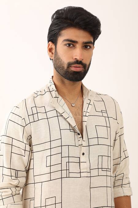 Shop_Son Of A Noble Snob_Ivory 100% Linen Print Tartan Pranav Checks Kurta Set _Online_at_Aza_Fashions