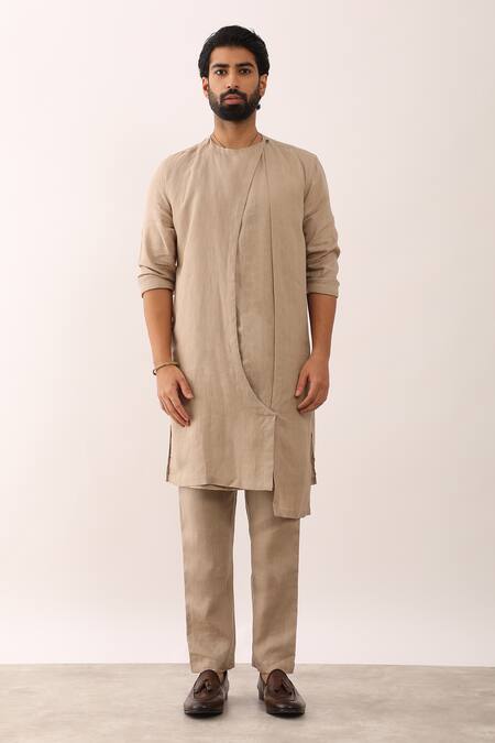 Son Of A Noble Snob_Beige 100% Linen Solid Rohan Overlap Panel Kurta With Trouser_Online_at_Aza_Fashions