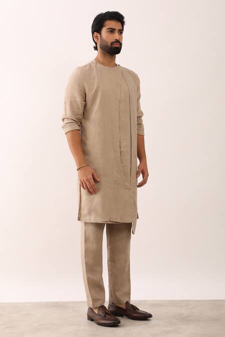 Buy_Son Of A Noble Snob_Beige 100% Linen Solid Rohan Overlap Panel Kurta With Trouser_Online_at_Aza_Fashions