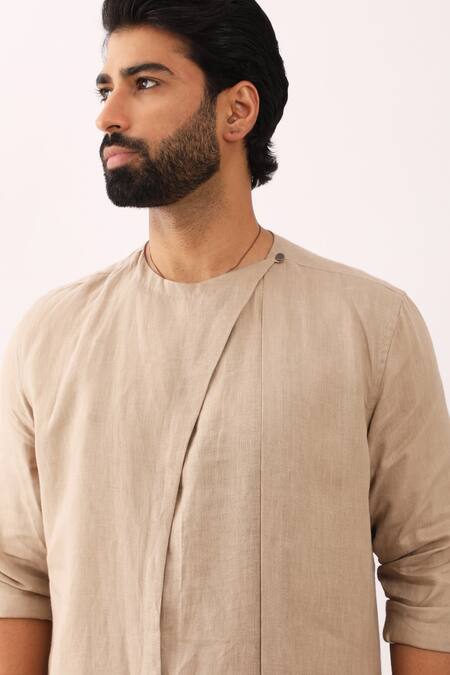Shop_Son Of A Noble Snob_Beige 100% Linen Solid Rohan Overlap Panel Kurta With Trouser_Online_at_Aza_Fashions