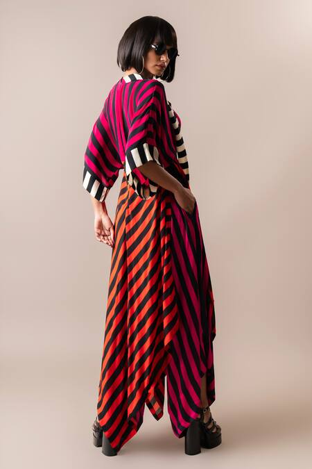 Shop_Nupur Kanoi_Multi Color Crepe Scoop Neck Stripe Print Draped Top And Pyjama Set_at_Aza_Fashions