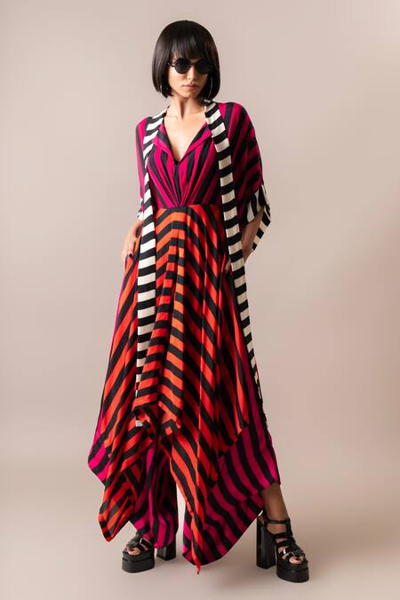 Nupur Kanoi_Multi Color Crepe Scoop Neck Stripe Print Draped Top And Pyjama Set_Online_at_Aza_Fashions