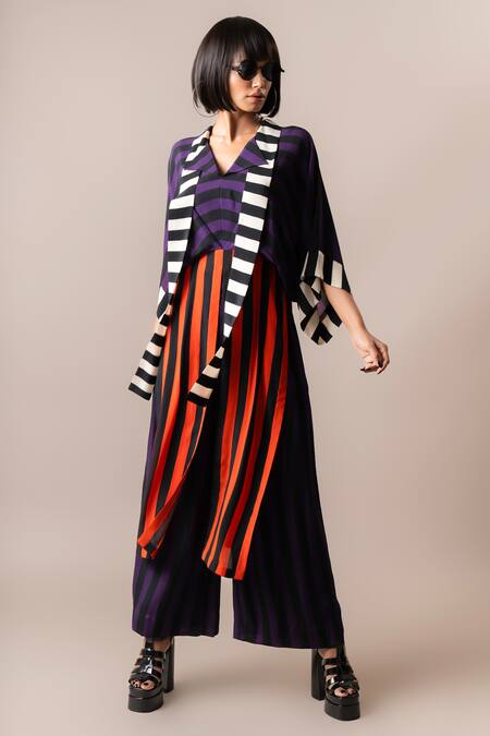 Buy_Nupur Kanoi_Multi Color Crepe Scoop Neck Stripe Print Long Top And Pyjama Set_Online_at_Aza_Fashions