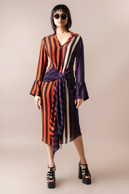 Nupur Kanoi_Multi Color Crepe Collared Stripe Print Draped Shirt_Online_at_Aza_Fashions