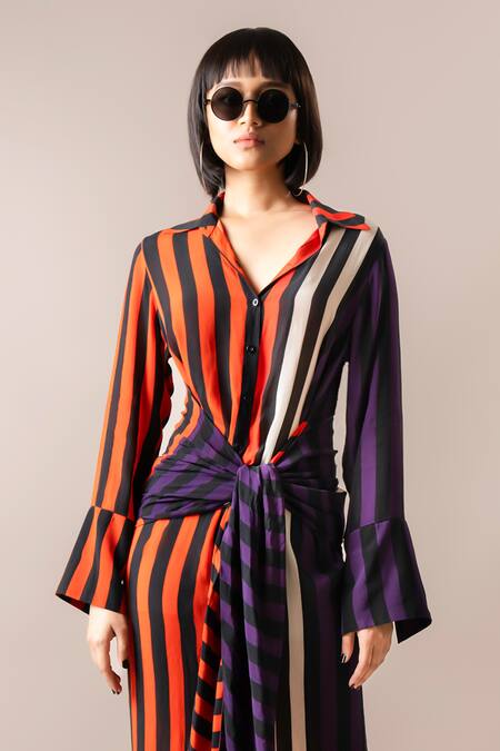 Buy_Nupur Kanoi_Multi Color Crepe Collared Stripe Print Draped Shirt_Online_at_Aza_Fashions