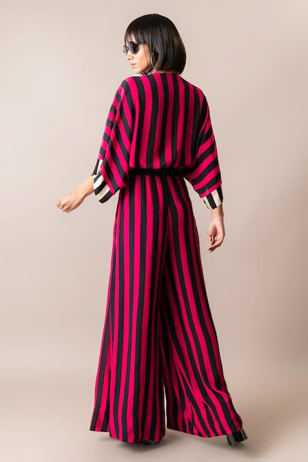 Shop_Nupur Kanoi_Magenta Crepe Printed Stripe V Neck Knotted Top And Pant Set  _at_Aza_Fashions