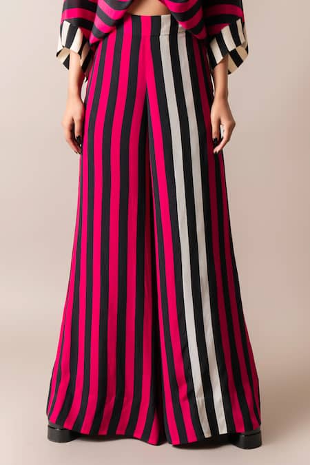 Buy_Nupur Kanoi_Magenta Crepe Printed Stripe V Neck Knotted Top And Pant Set  _Online_at_Aza_Fashions