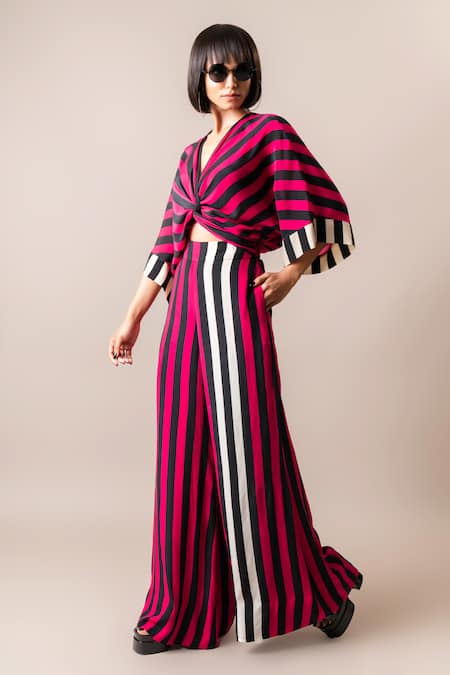 Shop_Nupur Kanoi_Magenta Crepe Printed Stripe V Neck Knotted Top And Pant Set  _Online_at_Aza_Fashions