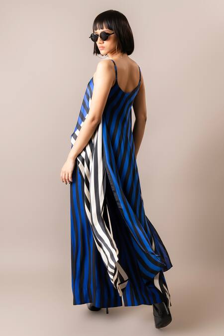 Shop_Nupur Kanoi_Blue Satin, Crepe Round Neck Printed High-low Top And Pant Set_at_Aza_Fashions