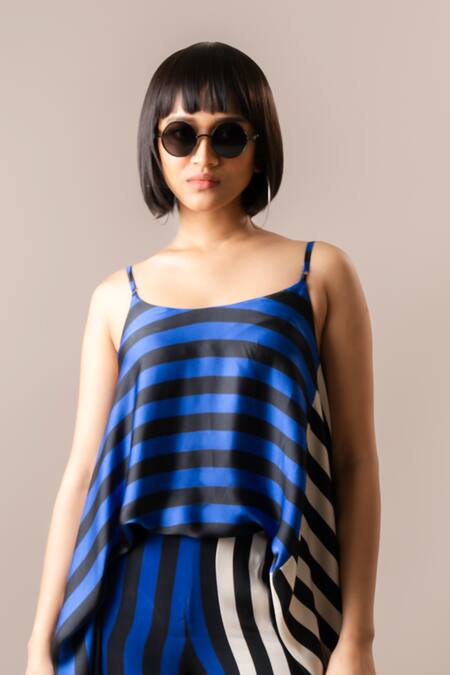 Nupur Kanoi_Blue Satin, Crepe Round Neck Printed High-low Top And Pant Set_Online_at_Aza_Fashions