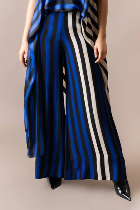 Buy_Nupur Kanoi_Blue Satin, Crepe Round Neck Printed High-low Top And Pant Set_Online_at_Aza_Fashions