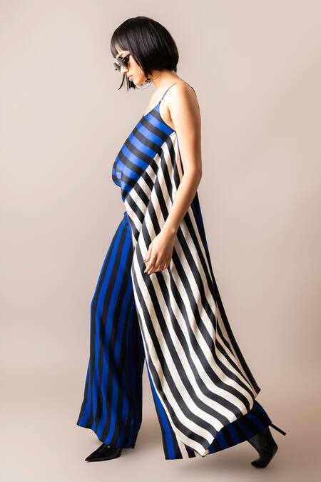 Shop_Nupur Kanoi_Blue Satin, Crepe Round Neck Printed High-low Top And Pant Set_Online_at_Aza_Fashions