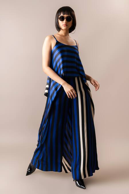 Nupur Kanoi_Blue Satin, Crepe Round Neck Printed High-low Top And Pant Set_at_Aza_Fashions