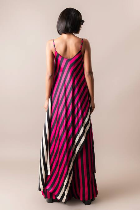 Shop_Nupur Kanoi_Magenta Silk Satin, Crepe Round Neck High-low Printed Top And Pant Set_at_Aza_Fashions