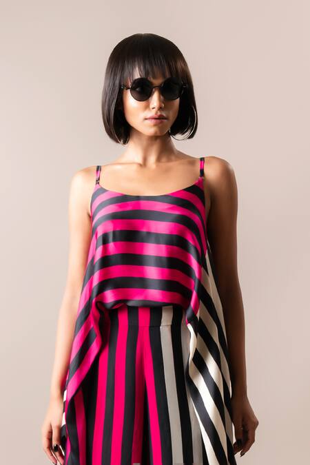 Nupur Kanoi Magenta Silk Satin, Crepe Round Neck High-low Printed Top And Pant Set Online at Aza Fashions Nupur Kanoi_Magenta Silk Satin, Crepe Round Neck High-low Printed Top And Pant Set_Online_at_Aza_Fashions