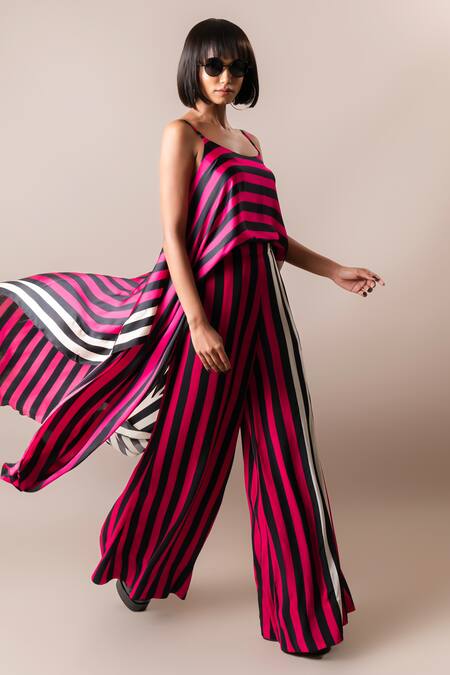 Shop_Nupur Kanoi_Magenta Silk Satin, Crepe Round Neck High-low Printed Top And Pant Set_Online_at_Aza_Fashions