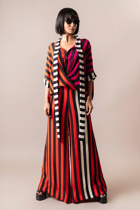 Shop_Nupur Kanoi_Multi Color Crepe Scoop Neck Printed Draped Shirt And Pant Set_Online_at_Aza_Fashions