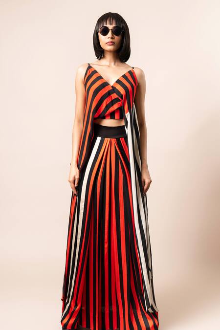 Buy_Nupur Kanoi_Orange Crepe, Satin V-neck Printed Draped Top And Lungi Skirt Set_Online_at_Aza_Fashions