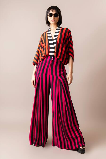 Nupur Kanoi_Multi Color Crepe V-neck Stripe Print Block Jumpsuit_Online_at_Aza_Fashions