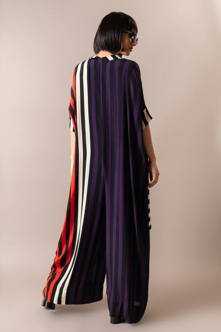 Shop_Nupur Kanoi_Multi Color Crepe Scoop Neck Stripe Print Flared Kaftan Jumpsuit_at_Aza_Fashions