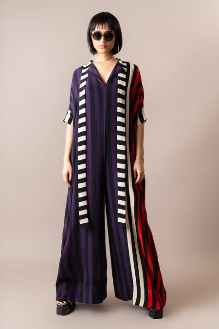 Nupur Kanoi_Multi Color Crepe Scoop Neck Stripe Print Flared Kaftan Jumpsuit_Online_at_Aza_Fashions