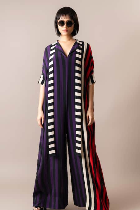 Buy Nupur Kanoi Multi Color Crepe Scoop Neck Stripe Print Flared Kaftan Jumpsuit Online at Aza Fashions Buy_Nupur Kanoi_Multi Color Crepe Scoop Neck Stripe Print Flared Kaftan Jumpsuit_Online_at_Aza_Fashions