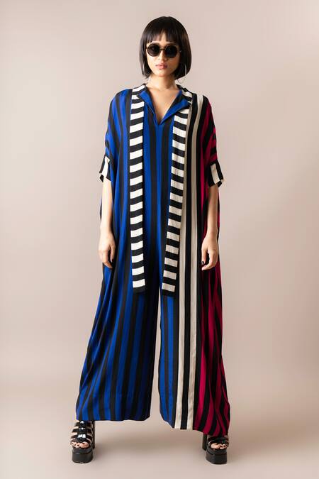Nupur Kanoi_Multi Color Crepe Scoop Neck Stripe Print Flared Jumpsuit_Online_at_Aza_Fashions