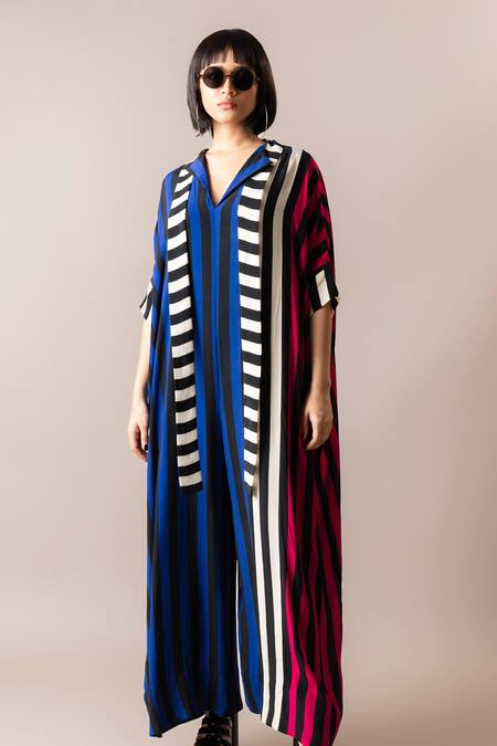 Shop_Nupur Kanoi_Multi Color Crepe Scoop Neck Stripe Print Flared Jumpsuit_Online_at_Aza_Fashions